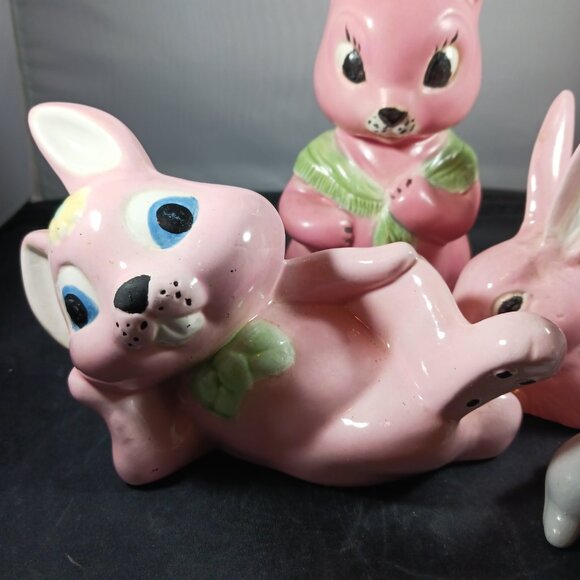 Vintage 5pcs Ceramic Bunny Rabbit Figurines Pink Glazed Shelf Decor - Picture 10 of 13